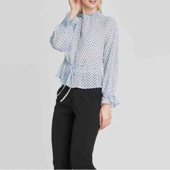 Who What Wear Tops - Who What Wear XL Polka Dot Sheer Ruffle Blouse Coquette Drawstring Cottagecore